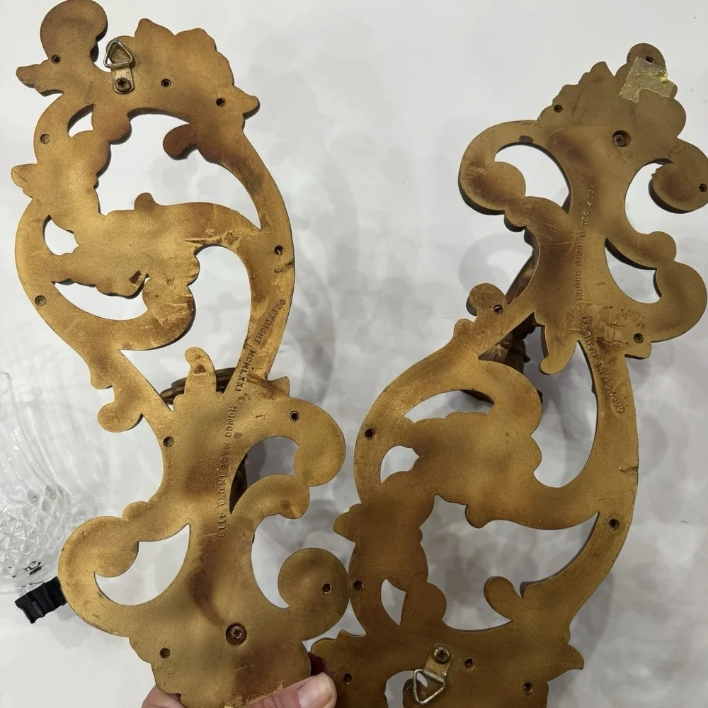 Vintage Homco Wall Sconces 2 Ornate Gold Scroll Candle Holders w/ Glass Votives